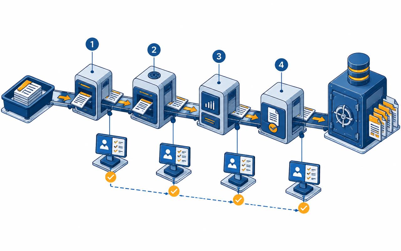 Isometric evidence path from intake through review checkpoints