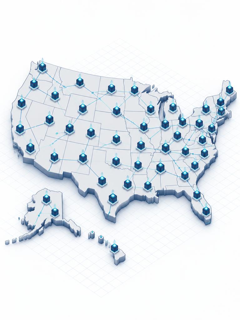 Isometric map of all fifty states with connected service nodes