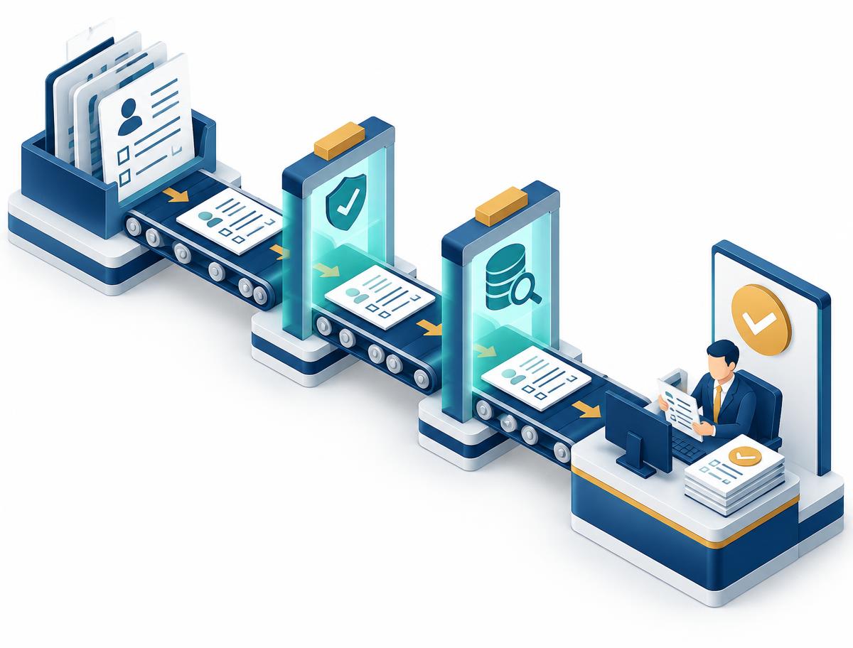 Isometric diagram of an income verification workflow ending at a human reviewer