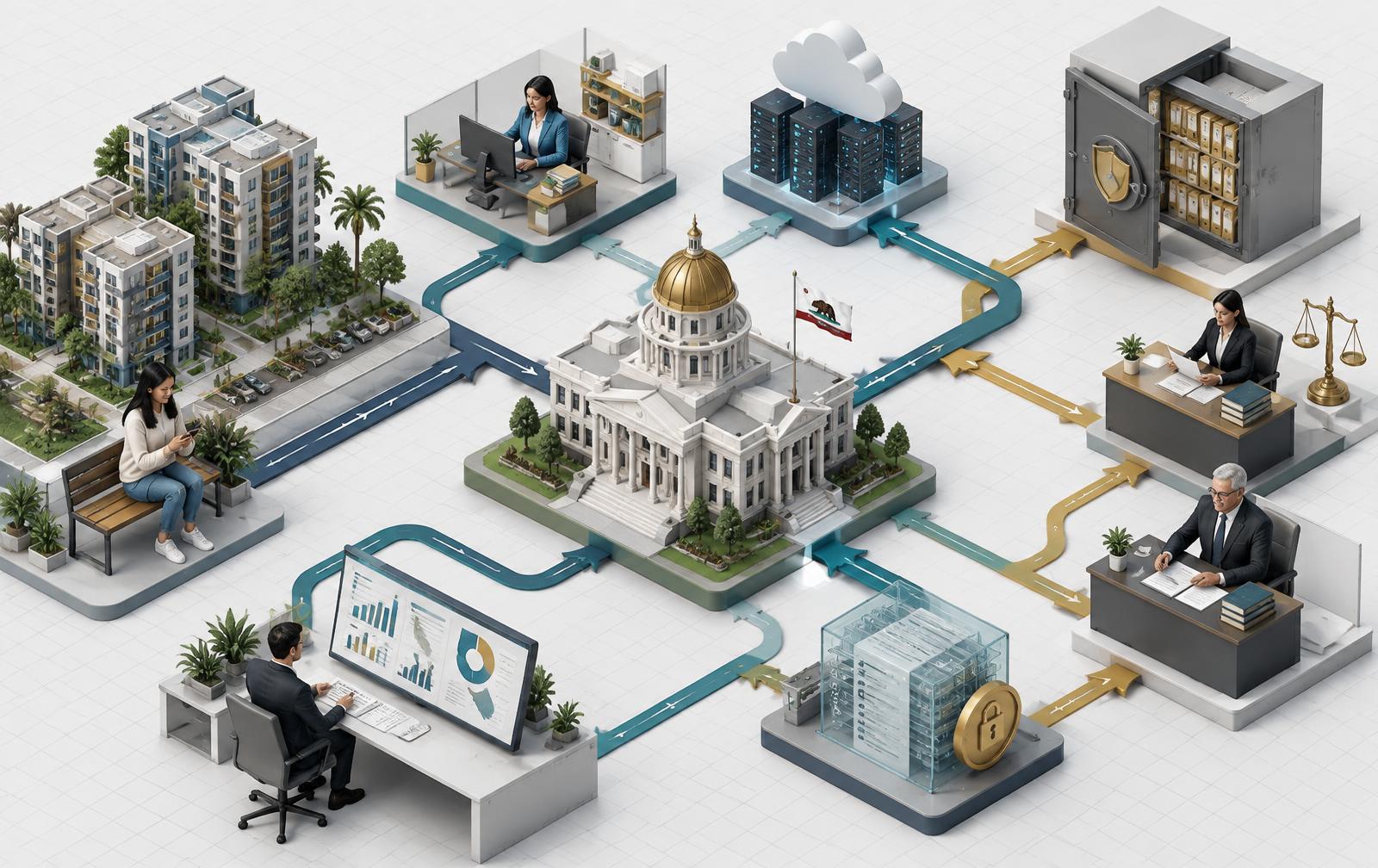 Isometric system map connecting residents, mobile intake, staff review, policy controls, vendors, reporting, and an audit trail